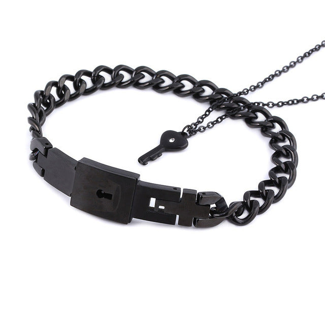 Couple's Black Love Lock Bracelet & Key Necklace Set