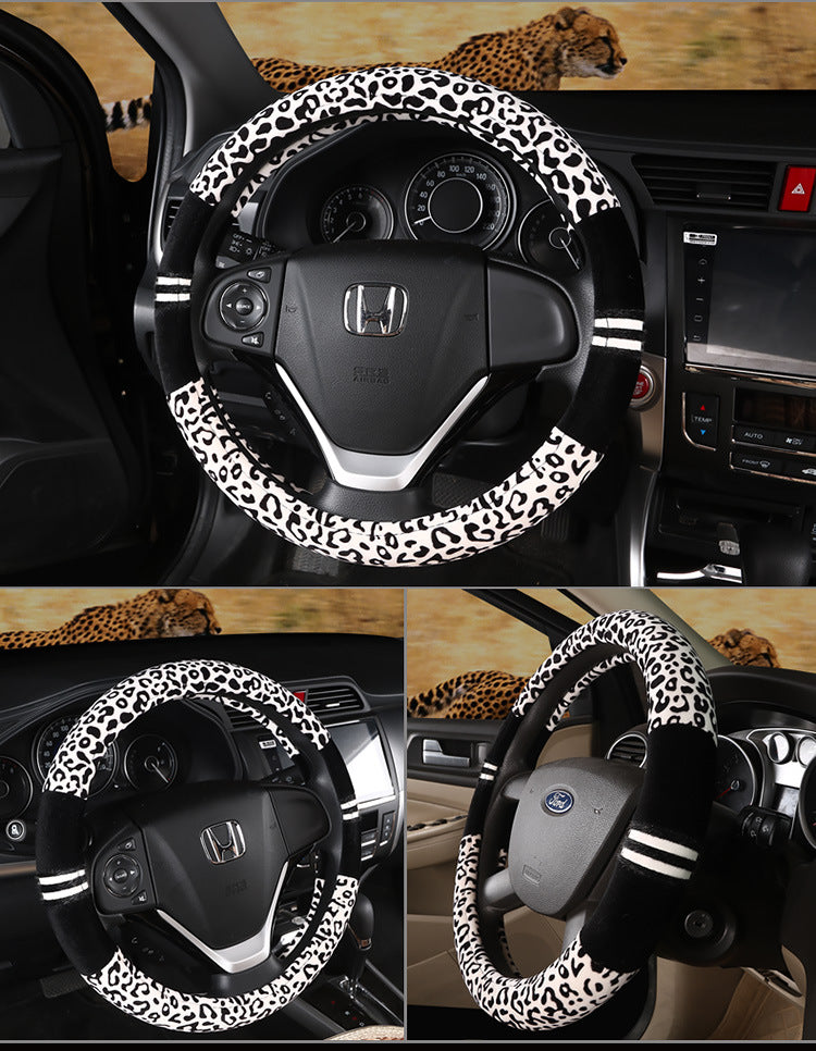 Winter Plush Leopard and Leather Steering Wheel Covers