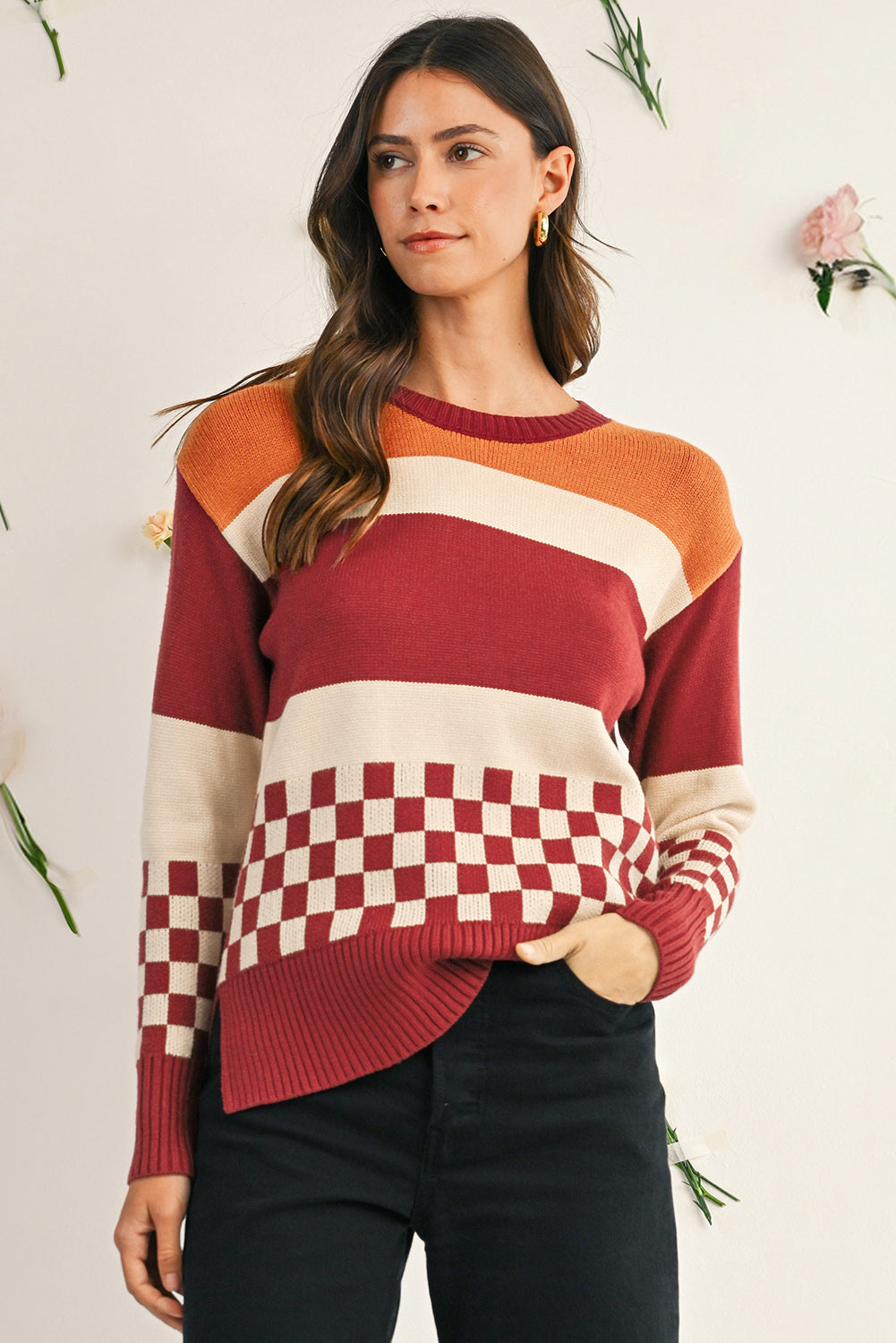 Brown Checkered Colorblock Knitted Drop Shoulder Sweater