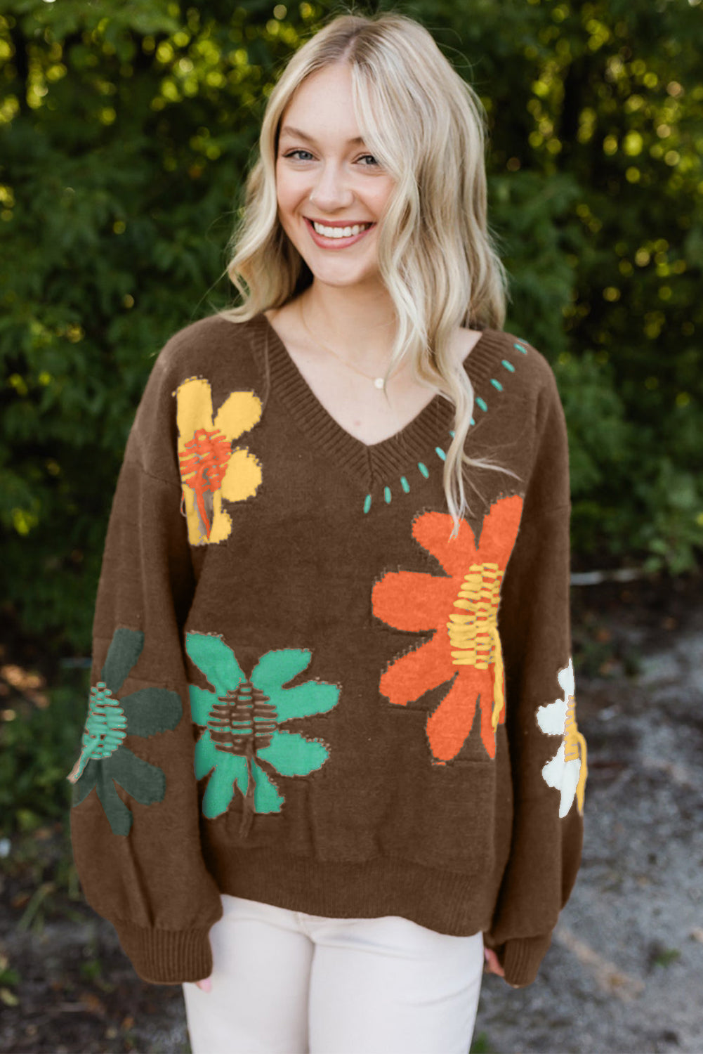 Coffee Big Flower V Neck Drop Shoulder Distressed Sweater