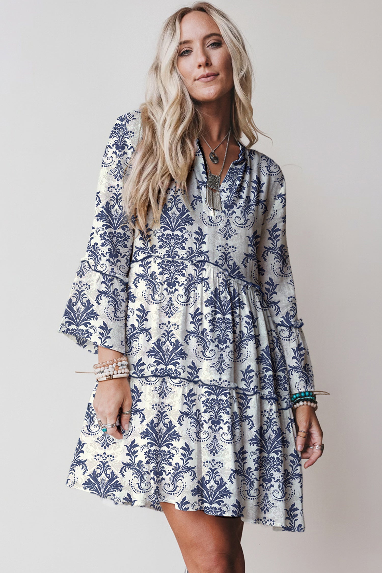 Sky Blue Boho Floral Print Lettuce Trim 3/4 Sleeve Mini Dress Bazaare Mart Dresses/Floral Dresses