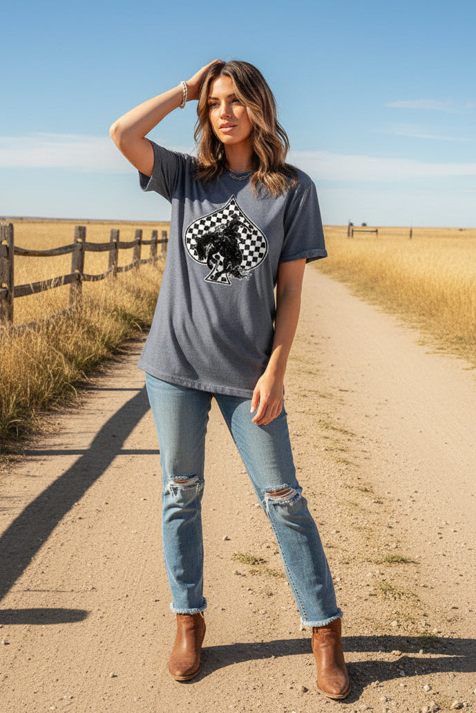 Gray Rodeo Check Spades Western Graphic T Shirt Dear-Lover Dropshipping Graphic/Graphic Tees