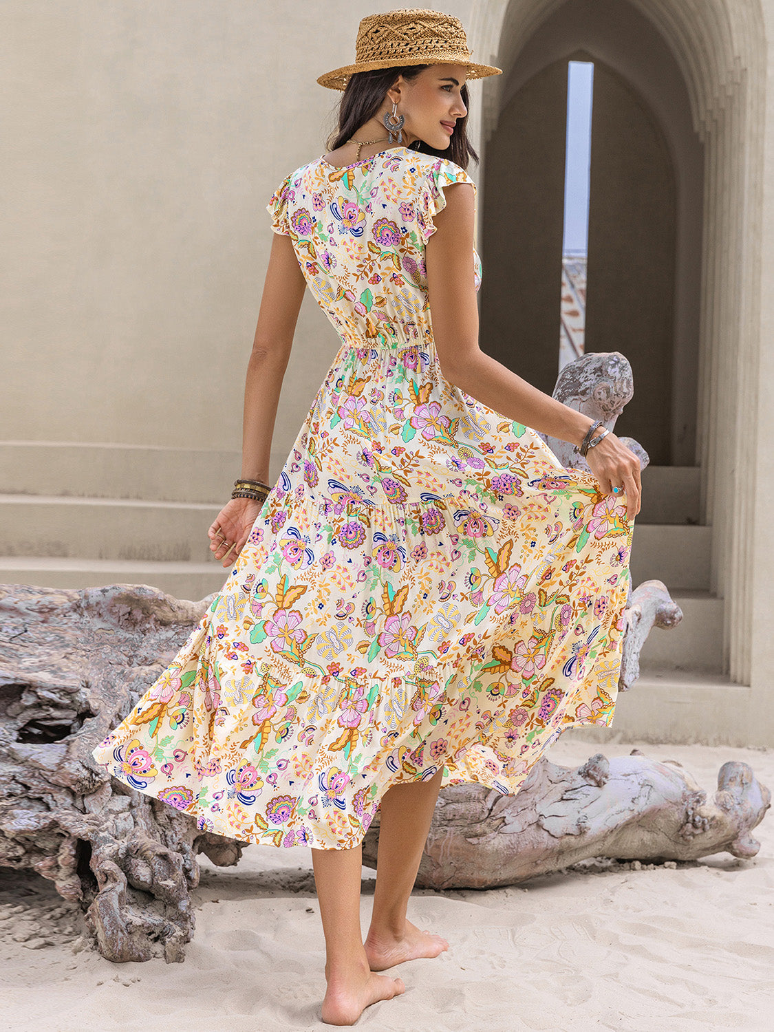 Yellow Floral Ruched Cap Sleeve Midi Dress