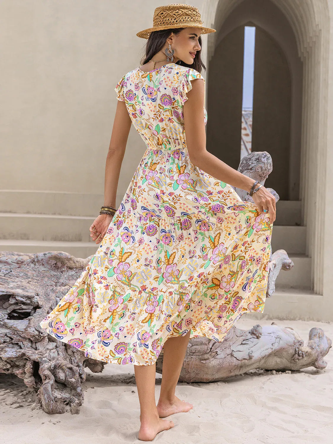 Yellow Floral Ruched Cap Sleeve Midi Dress Trendsi Floral Cap Sleeve Midi Dress