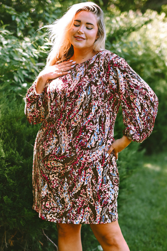 Brown Floral Long Balloon Sleeve Plus Size Shift Dress