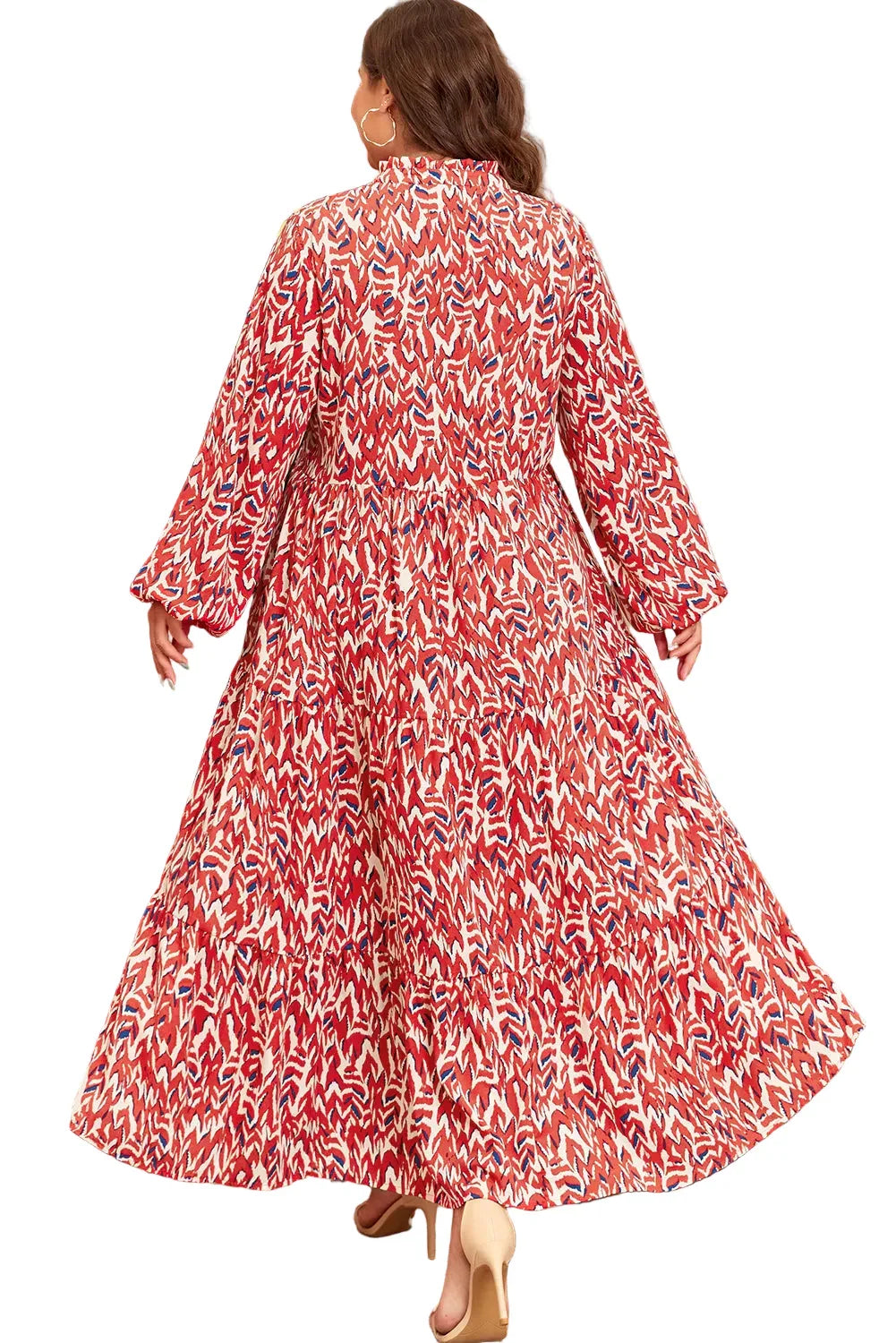Red Abstract Print V Neck High Waist Maxi Dress Bazaare Mart Plus Size/Plus Size Dresses/Plus Size Maxi Dresses