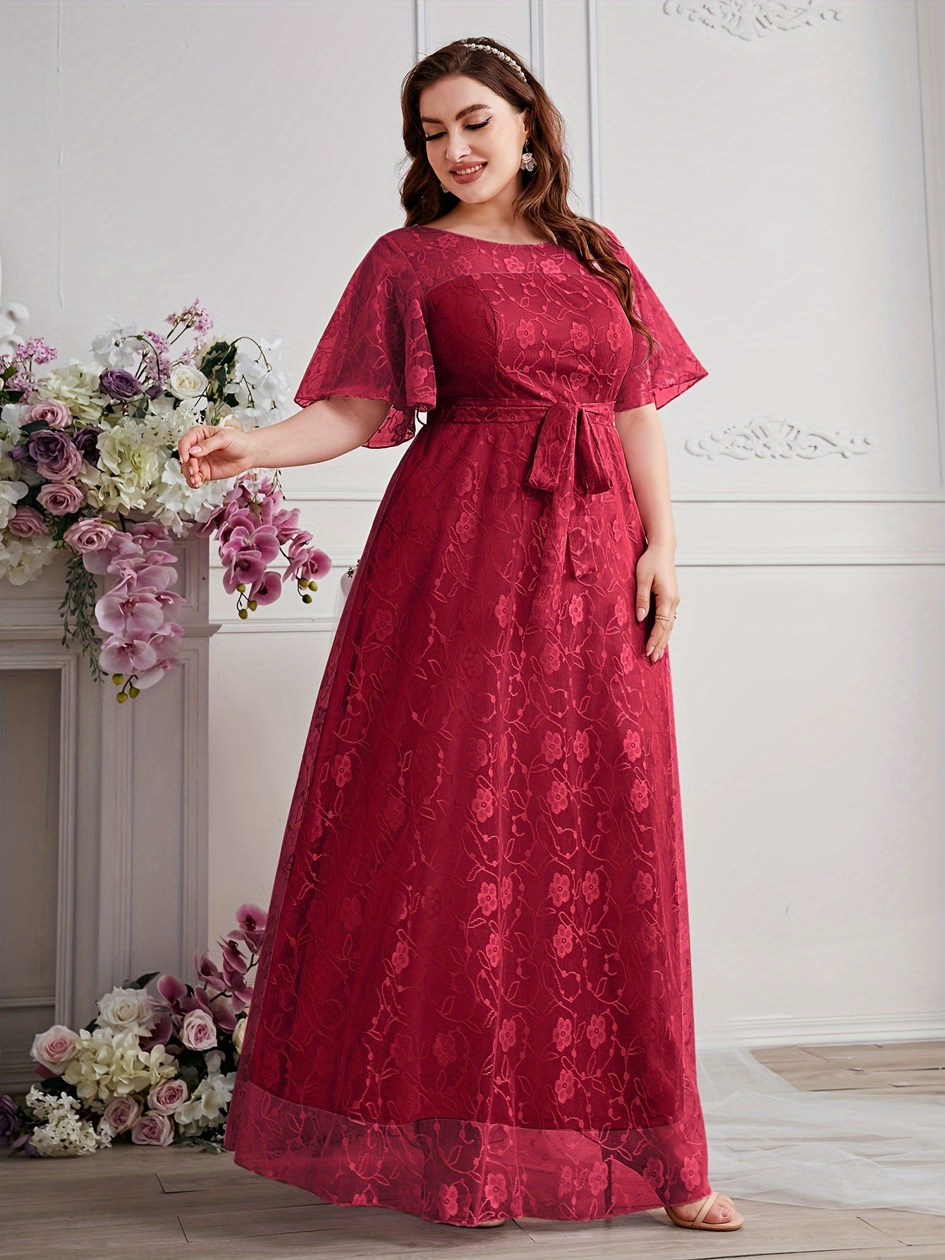Elegant High Waist Lace Round Neck Half Flutter Sleeve Solid Color Formal Floor Length Dress