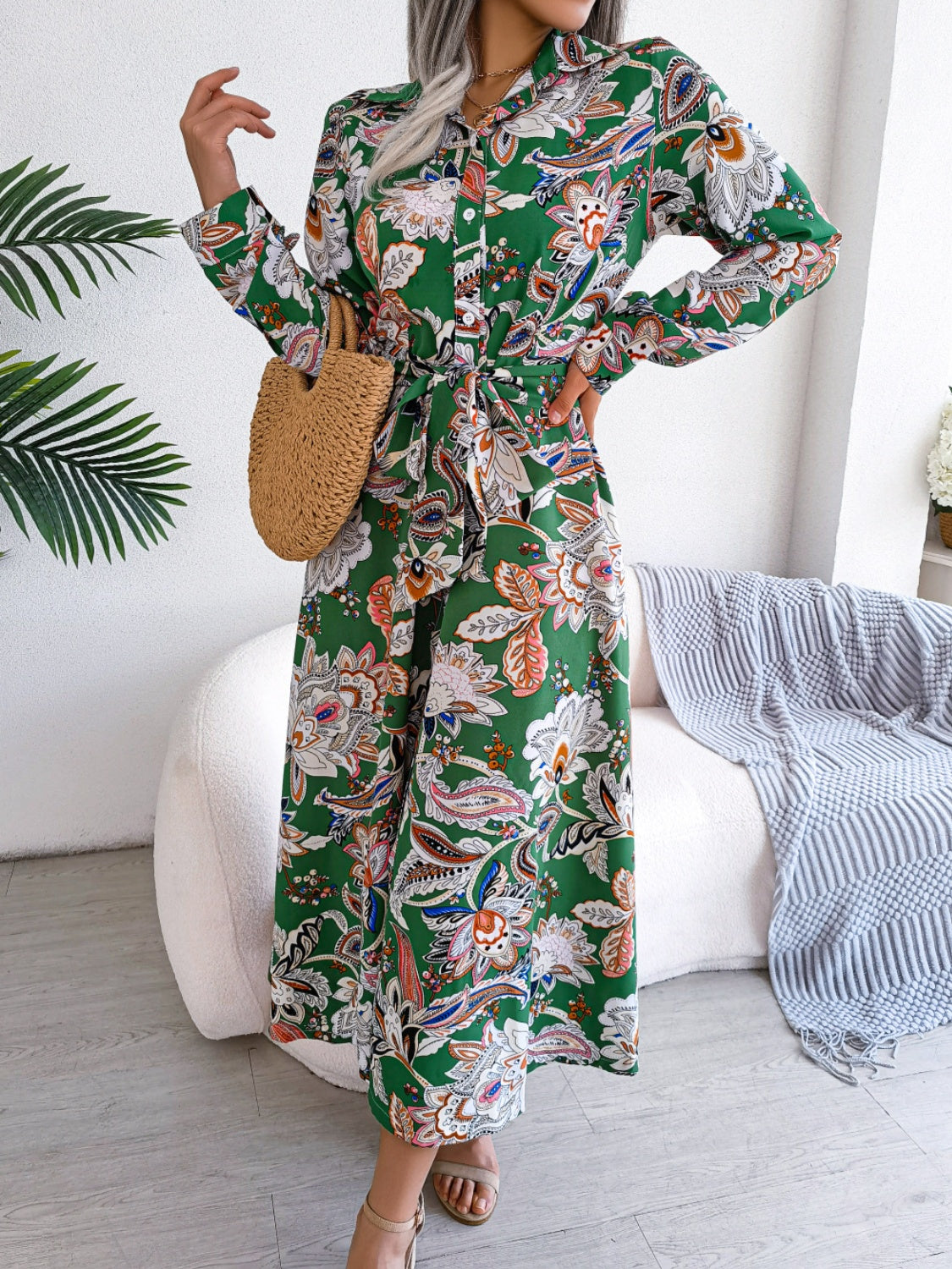 Tied Floral Long Sleeve Midi Dress