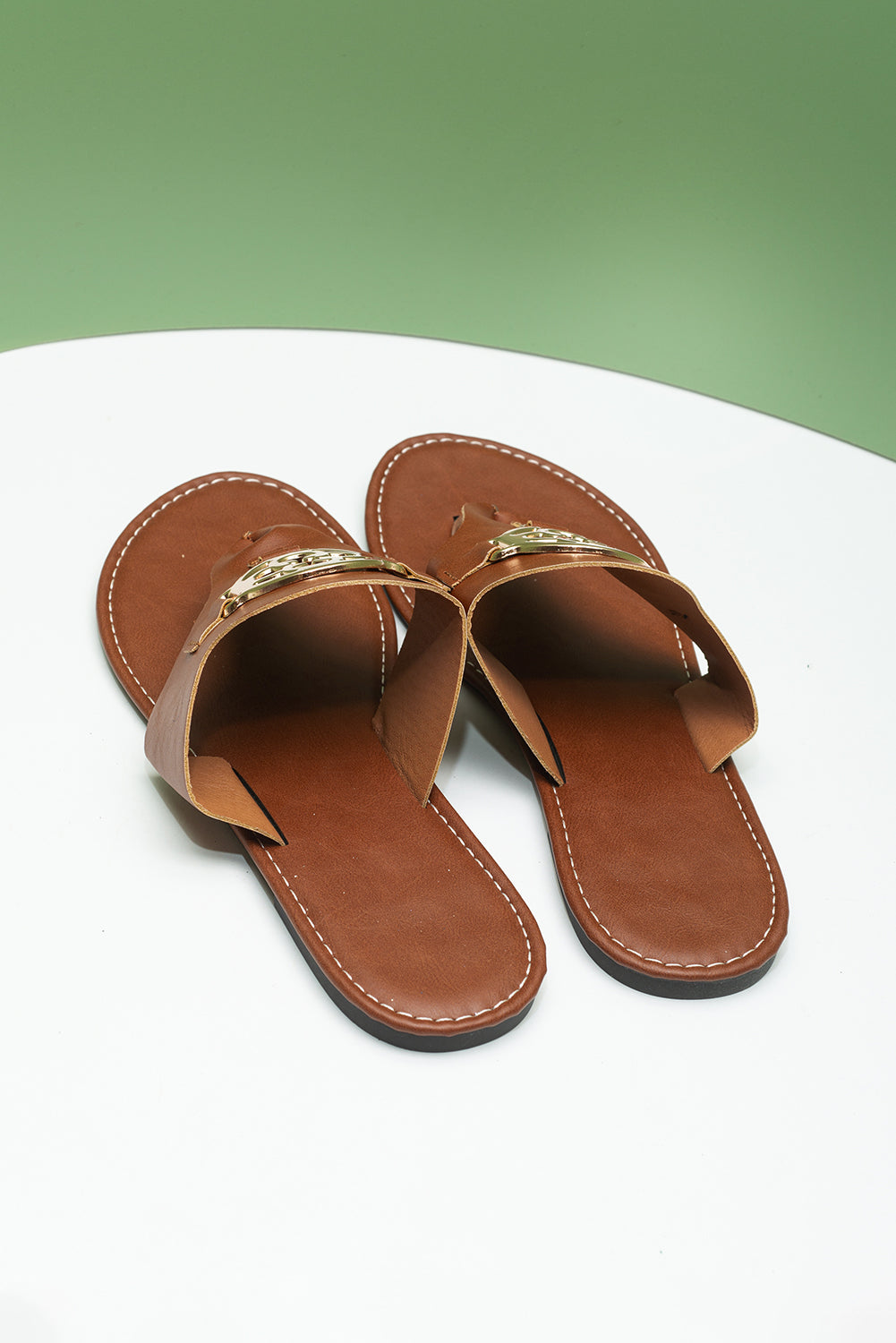 Chestnut Metal Design Leather Thong Sandals
