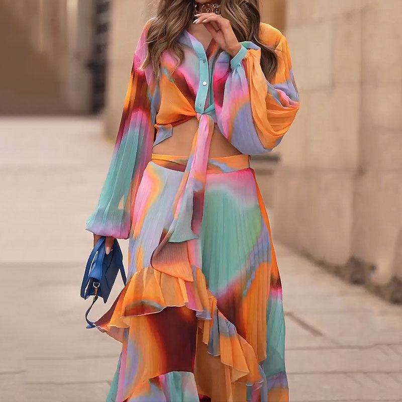 Colorful Midi Asymmetric Skirt Set