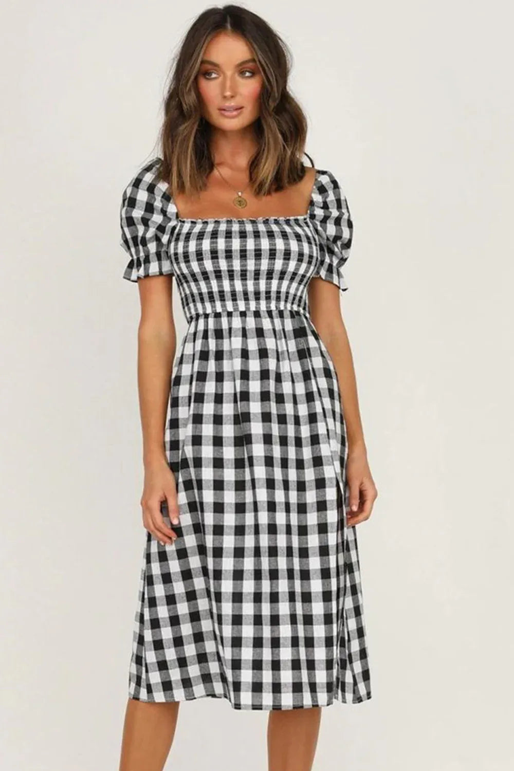Plaid Short Sleeve Midi Dress Trendsi Plaid Short Sleeve Midi Dress