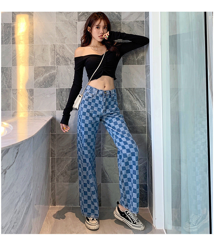 Women's Blue Checker Jeans