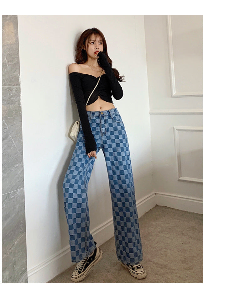 Women's Blue Checker Jeans