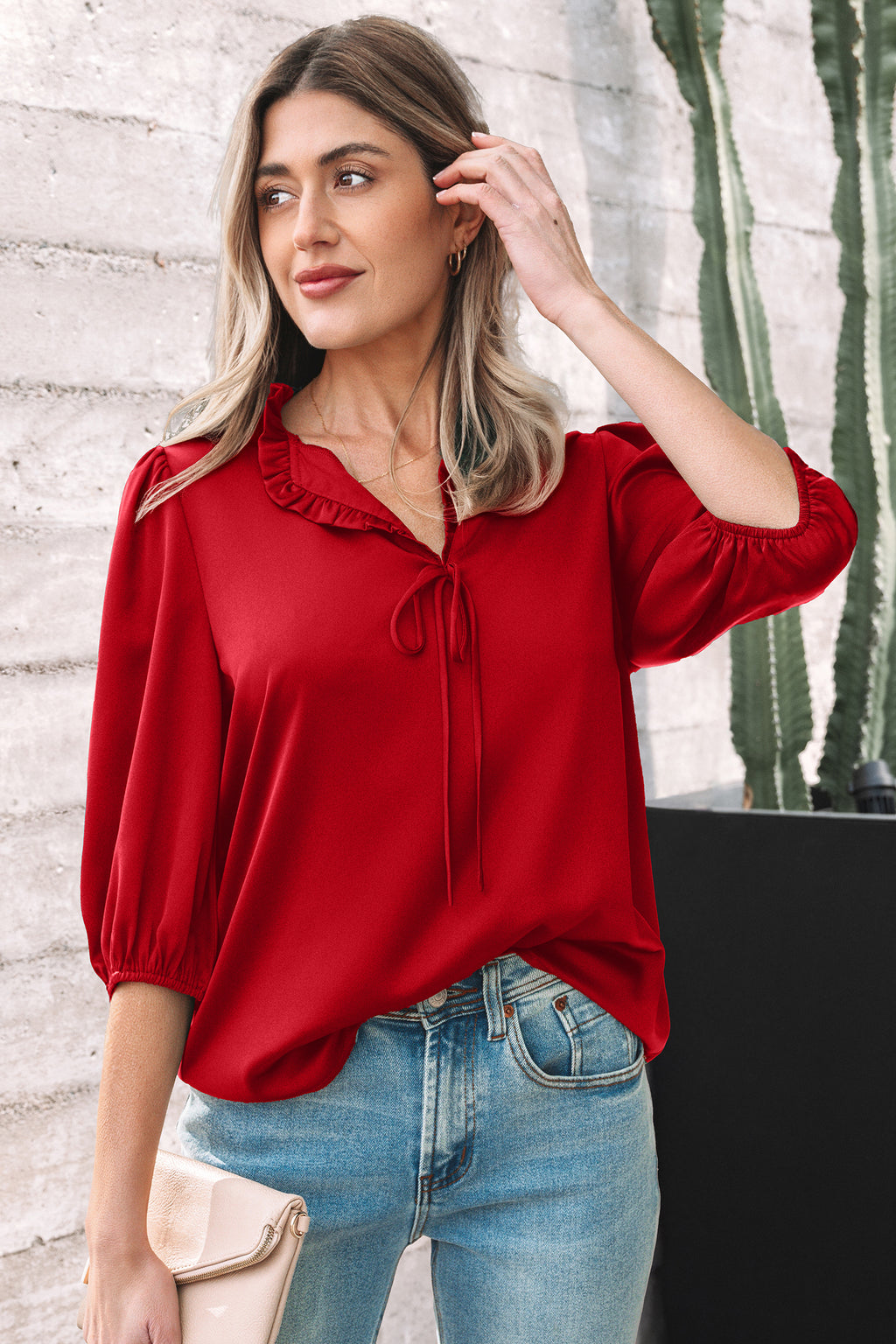 Solid Color Frilled V Neck Bow Detail 3/4 Sleeve Blouse Bazaare Mart Tops/Blouses & Shirts
