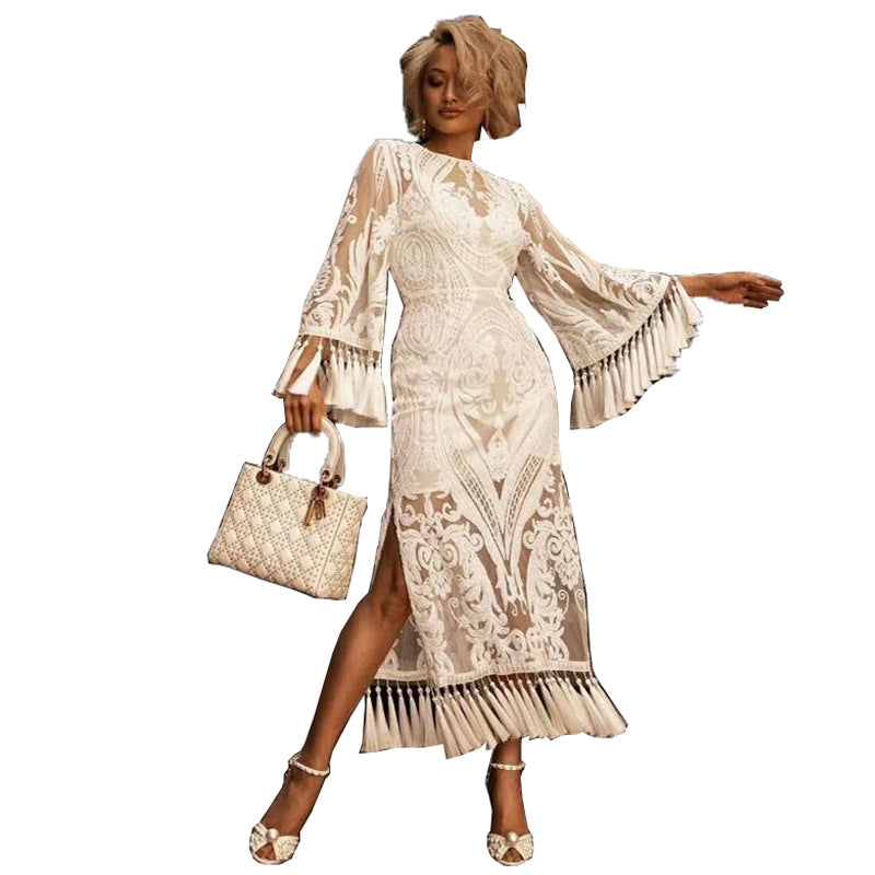 Lace Embroidered Tassel Hem Maxi Dress – Long Sleeve Boho A-Line Dress CJ Dropshipping White Tassel Long Sleeve Midi Dress