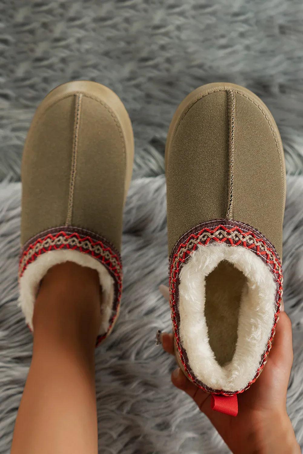 Suede Fur Trim Thick Flat Slippers Sage Green 100%Polyester+100%TPR Dear-Lover Slippers