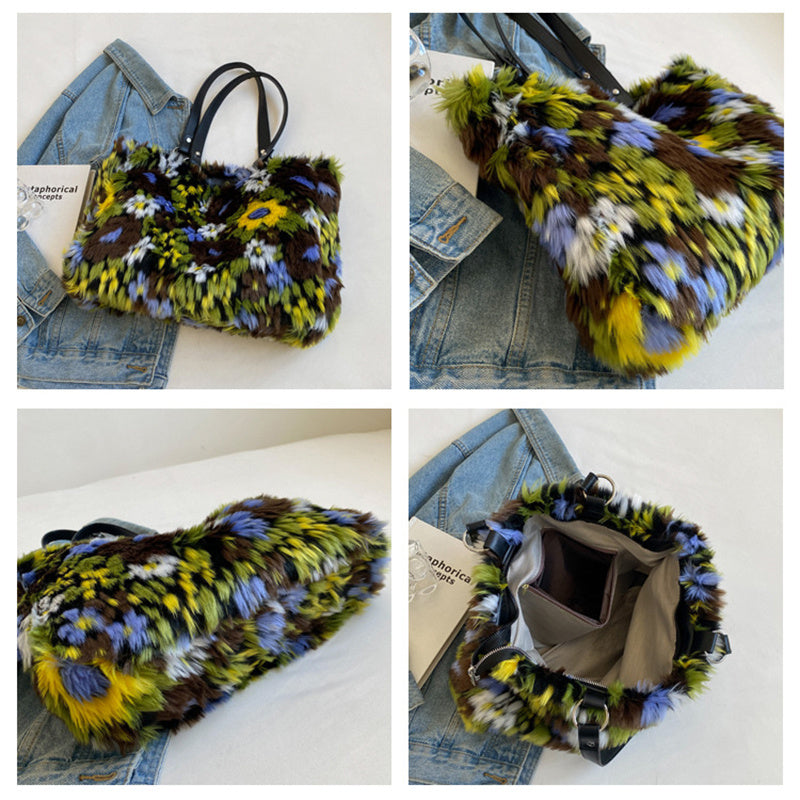 Large Furry Floral Shoulder Bag