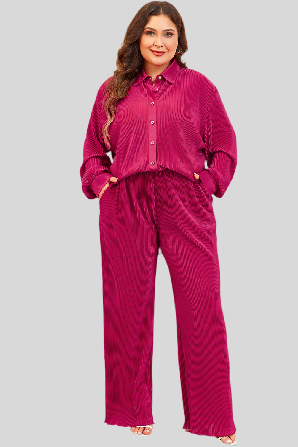 Rose Red Plus Size Ribbed Long Sleeve Shirt and Pants Set