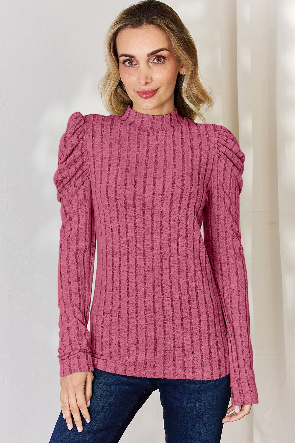 Ribbed Mock Neck Puff Long Sleeve Top