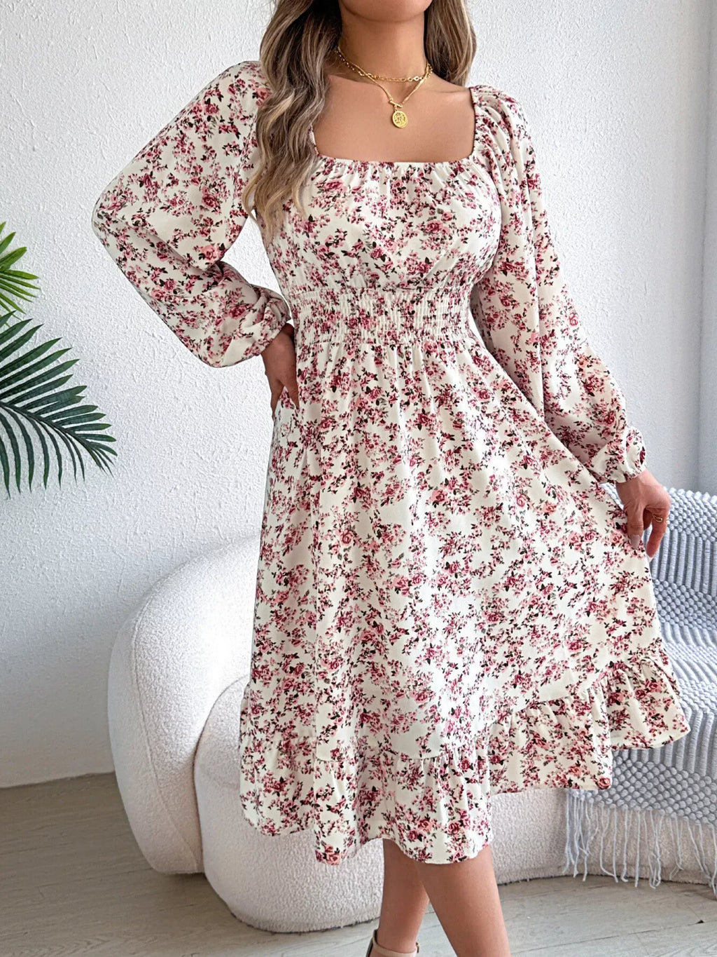 Floral Long Sleeve Square Neck Midi Dress Bazaare Mart Long Sleeve Floral Peasant Dress