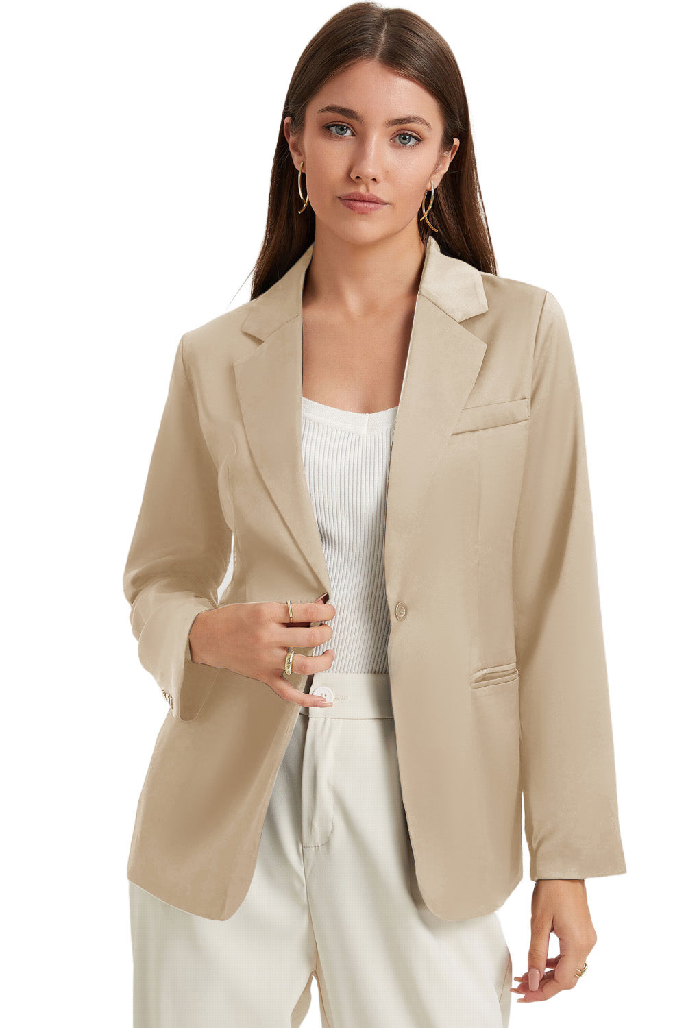 White Pocketed Single Button Lapel Neck Blazer