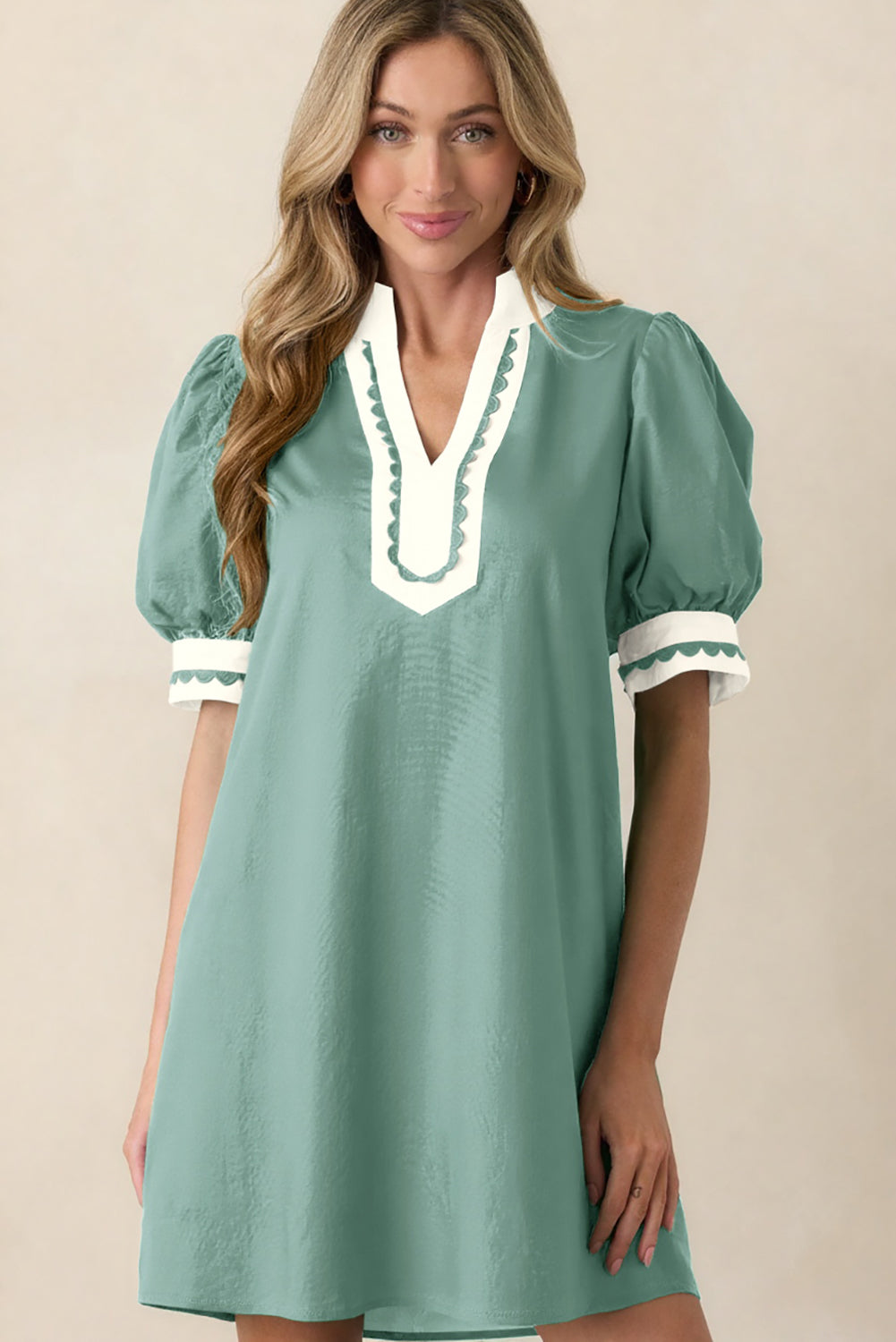 Scallop Trim Puff Sleeve Mini Dress – Color Block Notched Neck Dress for Women Dear-Lover Dropshipping Dresses/Mini Dresses
