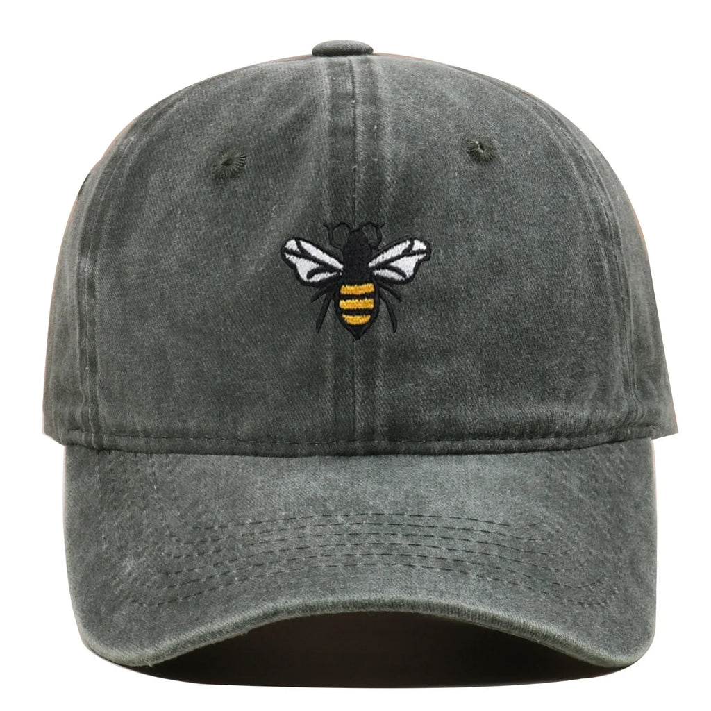 Vintage Bee Embroidered Baseball Cap Army Green Adjustable Bazaare Mart Cute Bee Cap