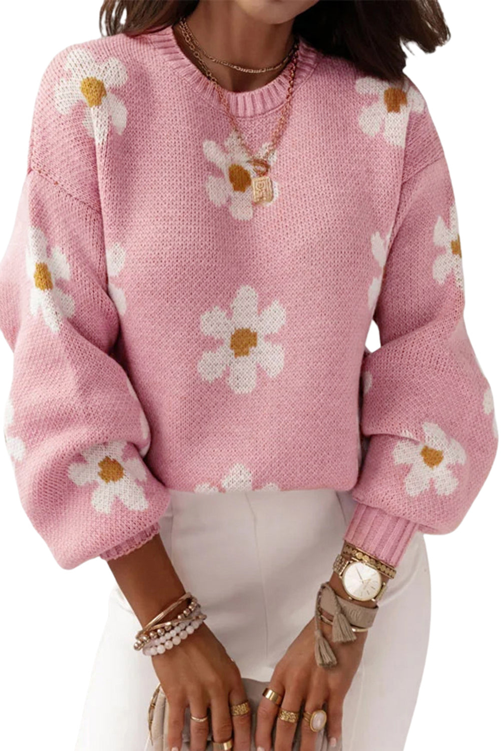 Pink Daisy Drop Shoulder Sweater