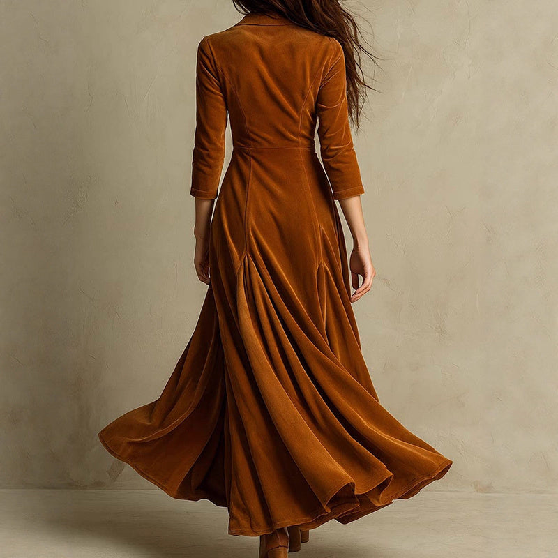 Brown V-Neck 3/4 Sleeve Maxi Dress