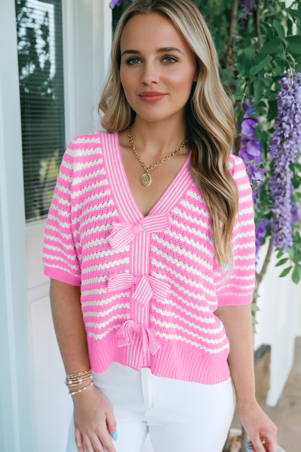 Striped Short Sleeve Knit V Neck Bow Knot Sweater Bazaare Mart Sweaters & Cardigans/Short Sleeve Sweaters