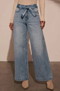Tied Wide Leg Jeans with Pockets Medium Trendsi Tied Wide Leg Jeans