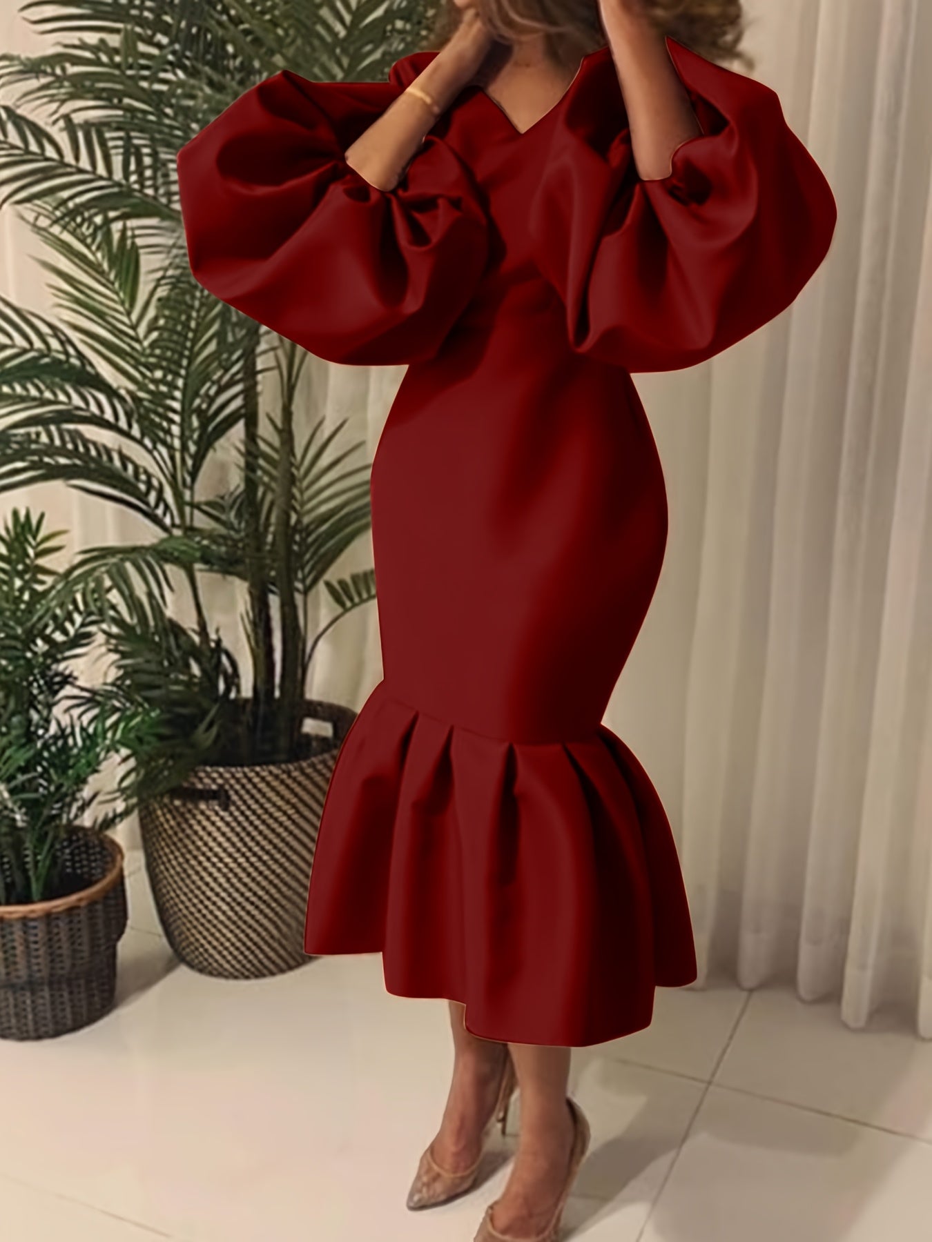 Cowl Neck Balloon Sleeve Mermaid Dress