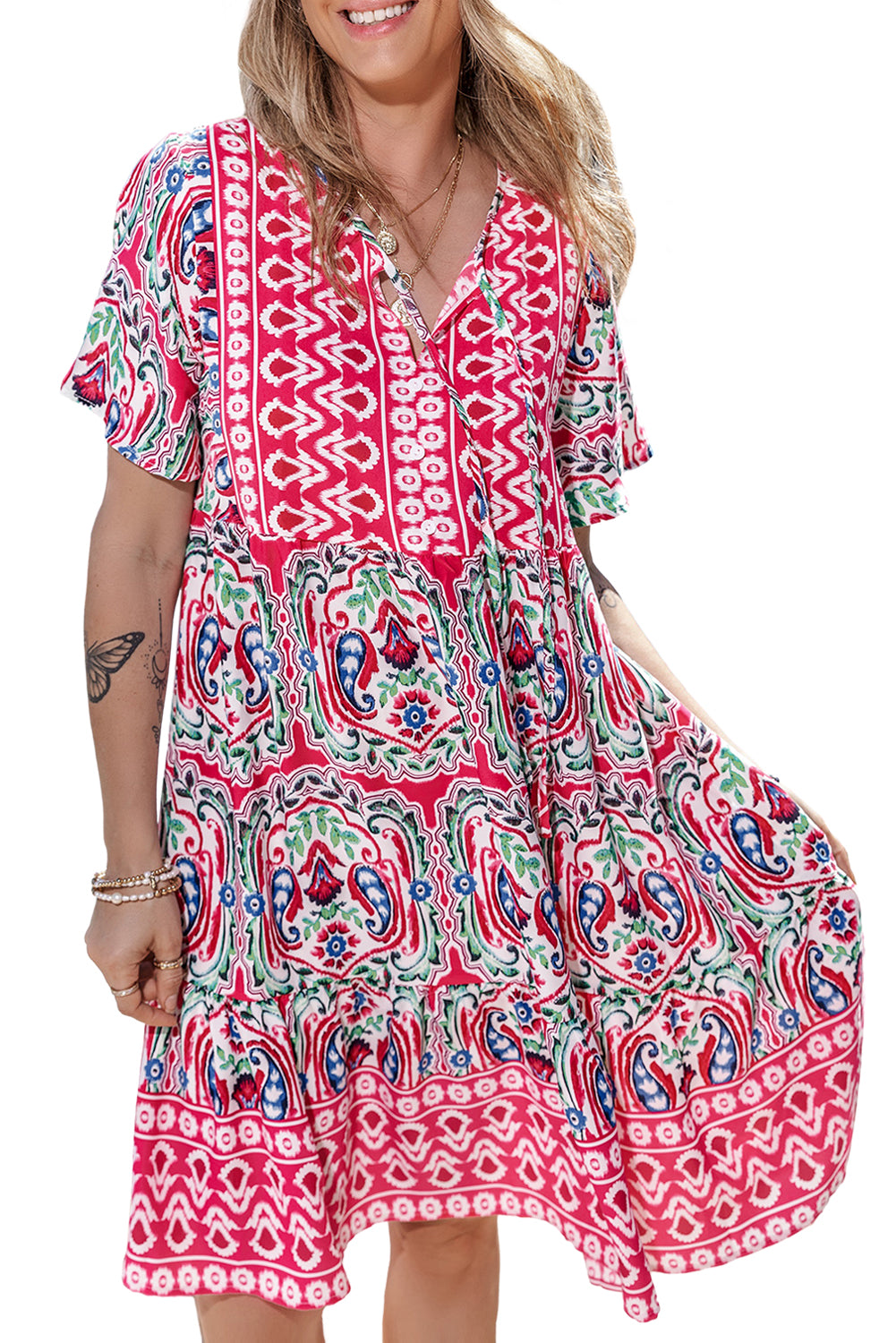 Pink Short Sleeve Bohemian Print Dress