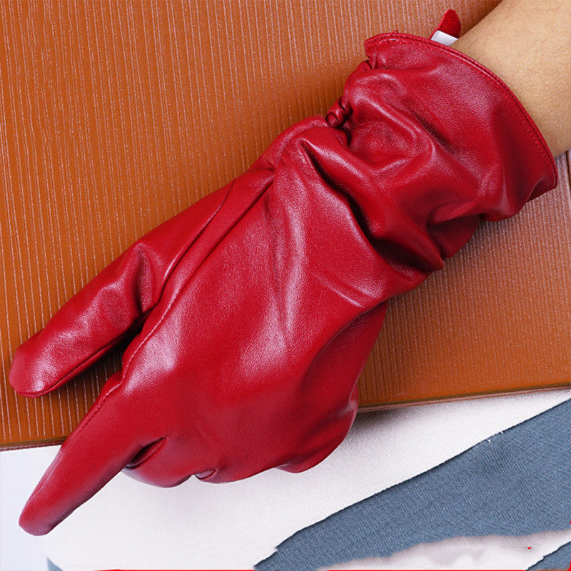 Women Winter Red Leather Gloves