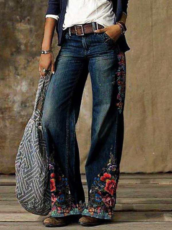 Women’s Floral Painted Straight Leg Denim Jeans – Dark Wash Low Waist Boot Cut Pants H03901 CJ Dropshipping Floral Boot Cut Jeans