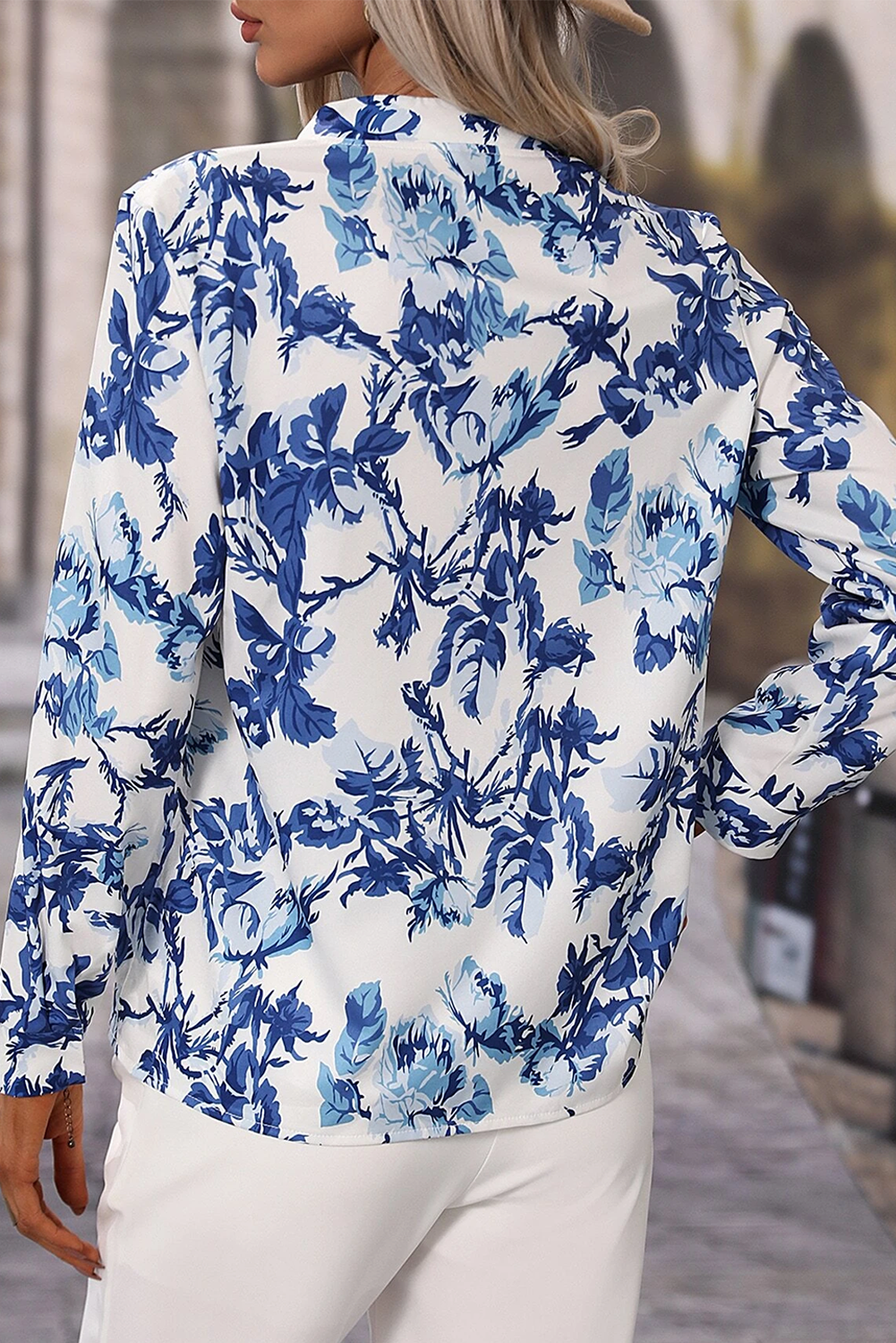 Blue Floral Notched Neck Elegant Blouse