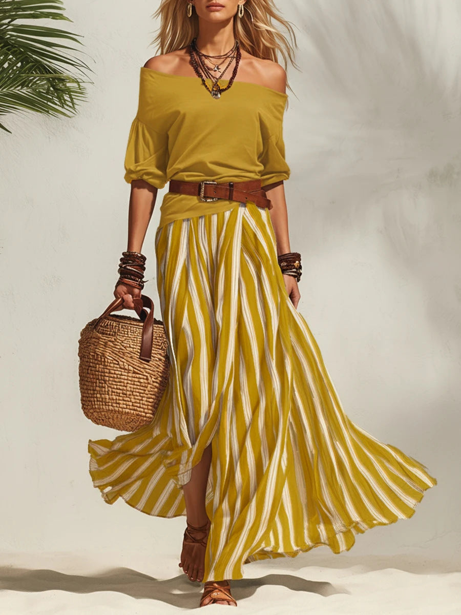 Women’s Off-Shoulder Top & Stripe Slit Maxi Skirt Set – Two-Piece Matching Outfit Yellow CJ Dropshipping 2pc. Maxi Skirt Set