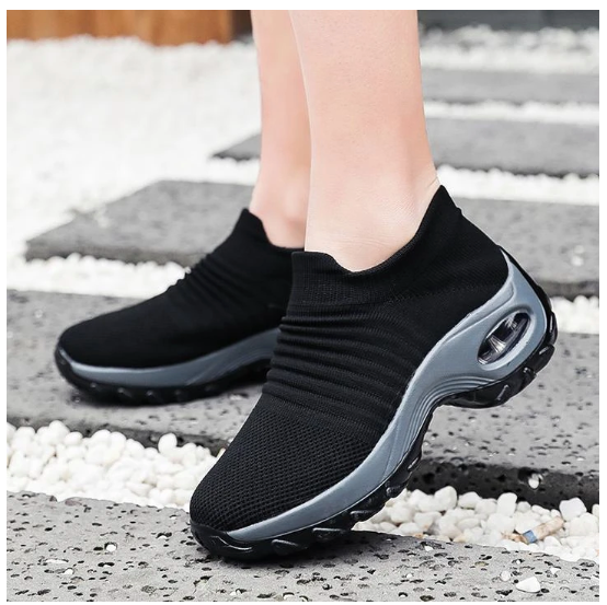 Black Breathable Slip On Knit Walking Shoes