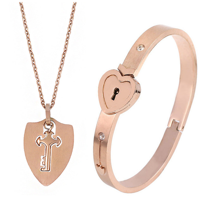 Couple's Love Lock Bracelet & Key Necklace Set