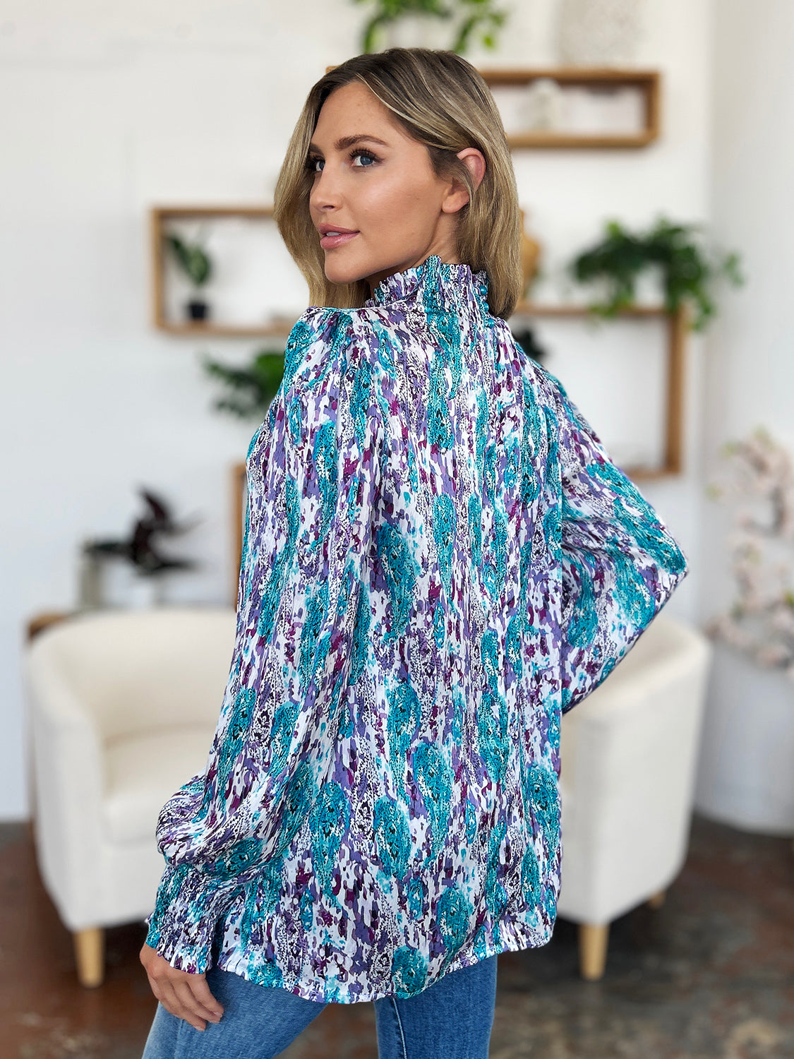 Abstract Smocked High Neck Long Sleeve Blouse