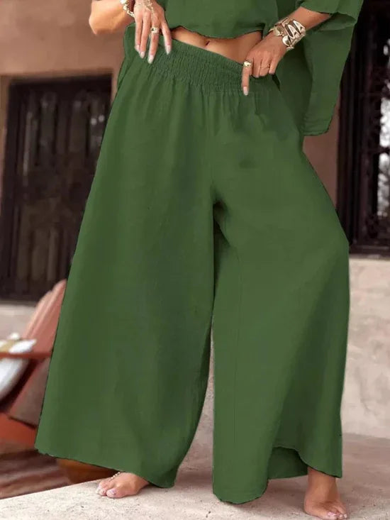Boat Neck Top and Wide Leg Pants Set Bazaare Mart Wide Top and Pants Solid Color Outfit