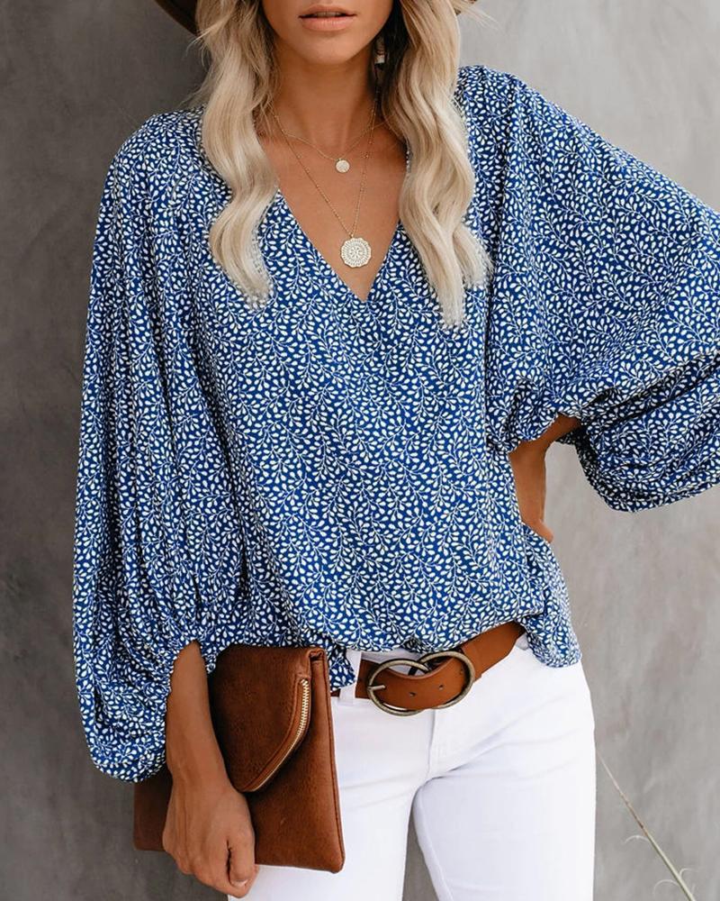 V-Neck Balloon Sleeve Floral Tops