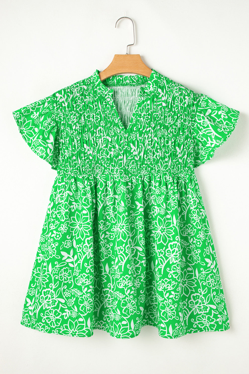 Green Floral Flutter Sleeve Blouse