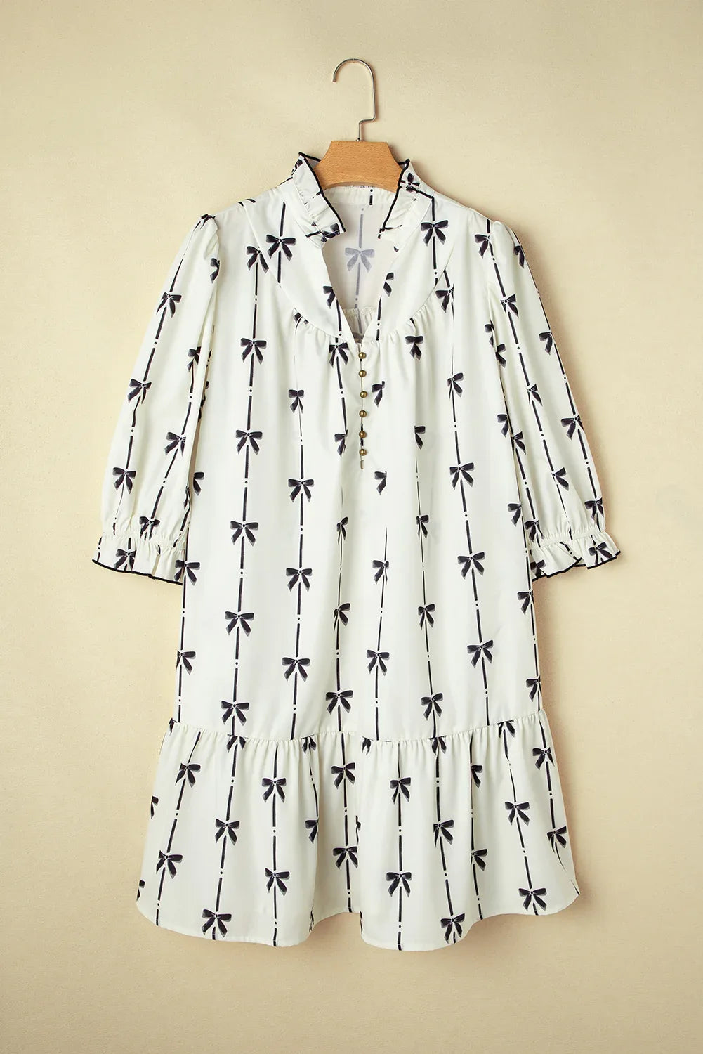 Apricot Bow Printed Puff Sleeve Ruffled Plus Size Mini Dress Dear-Lover Dropshipping Plus Size/Plus Size Dresses/Plus Size Mini Dresses