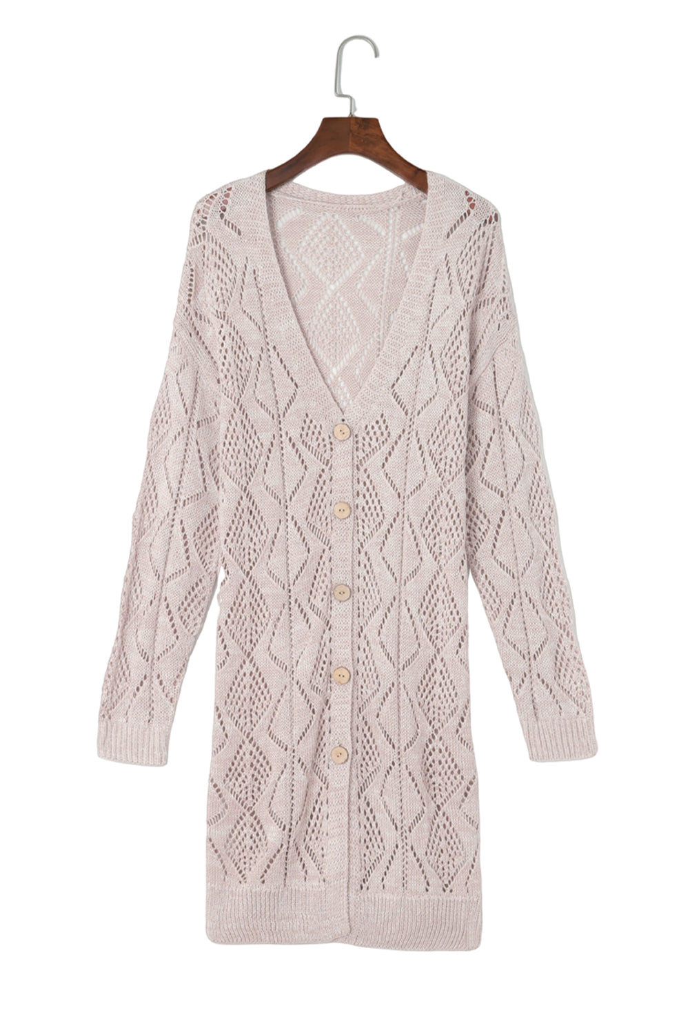 Khaki Openwork Knit Long Cardigan