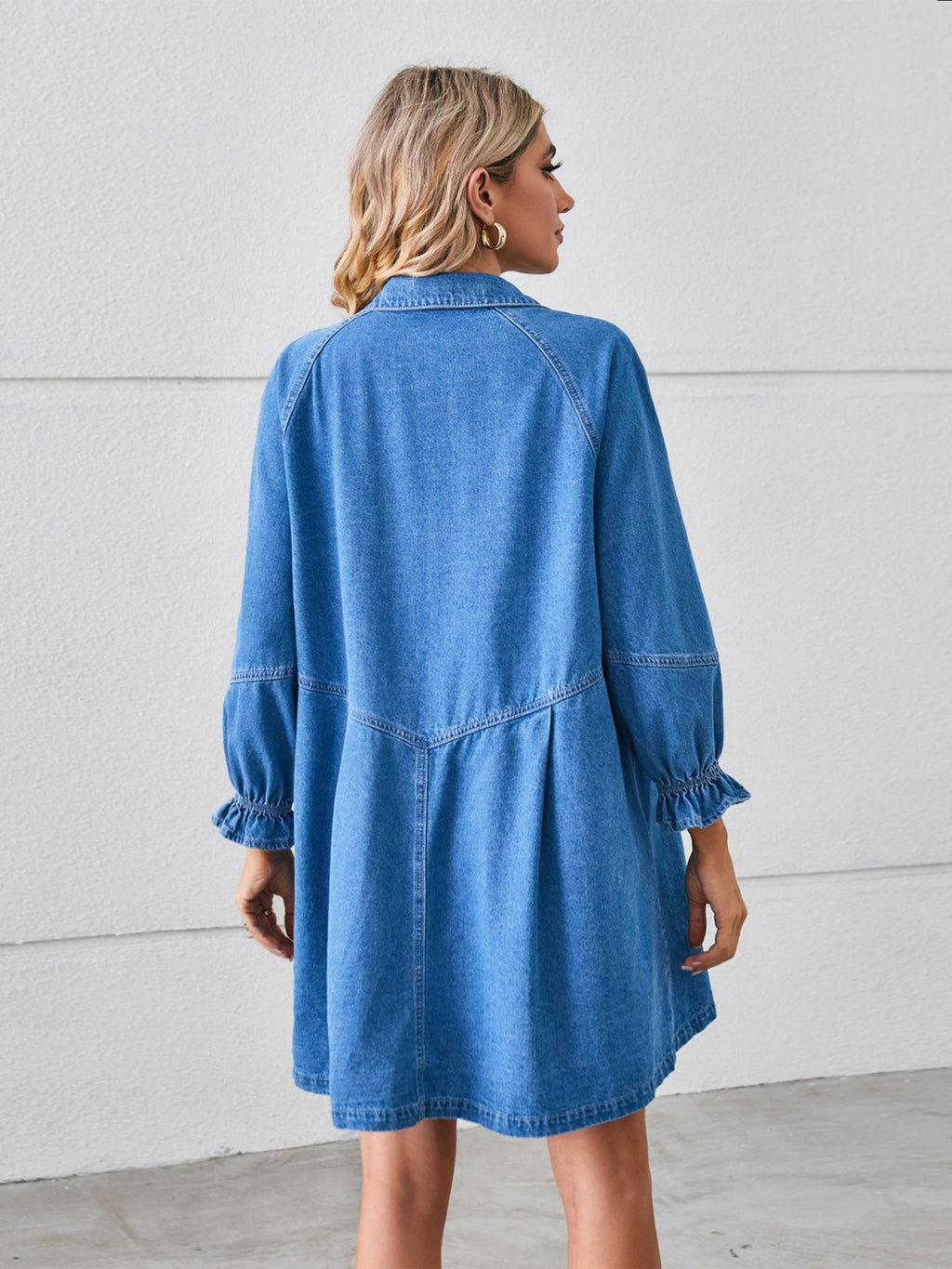 Button Up Flounce Long Sleeve Denim Dress