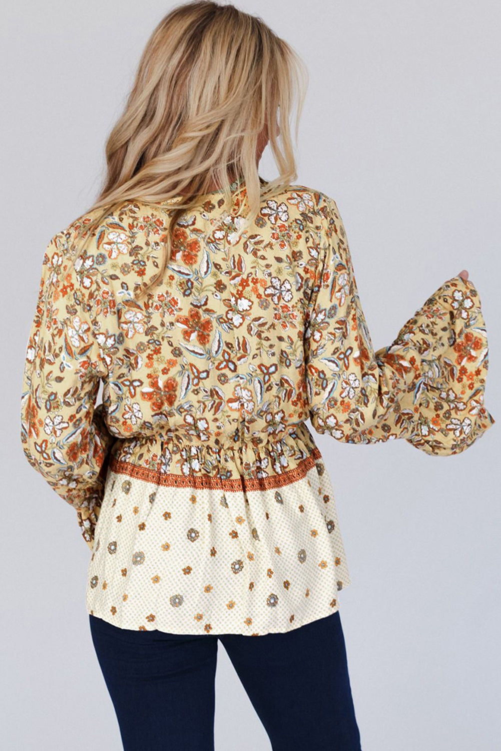 Yellow Printed Floral Bell Sleeve V Neck Peplum Blouse