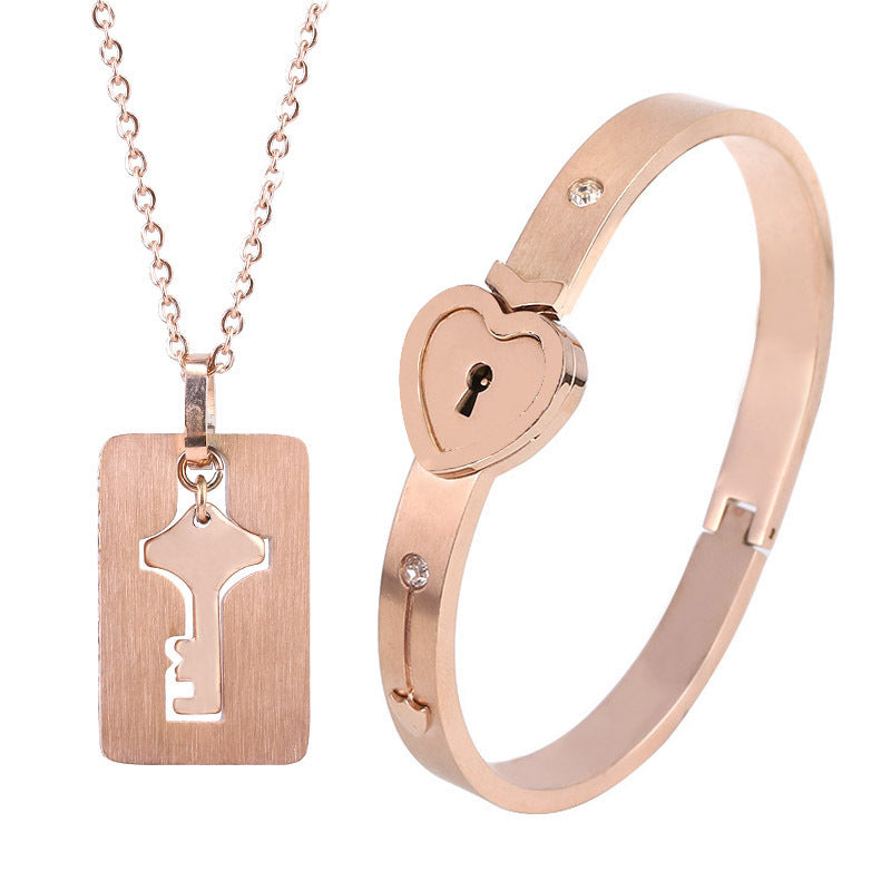 Couple's Rose Gold Love Lock Bracelet & Key Necklace Set