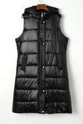 Black Hooded Long Quilted Vest Coat Black 100%Polyamide Bazaare Mart Outerwear