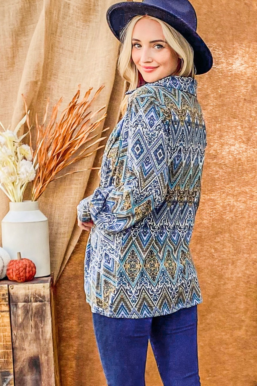 Blue Geo Print Twist Knot Long Sleeve Blouse